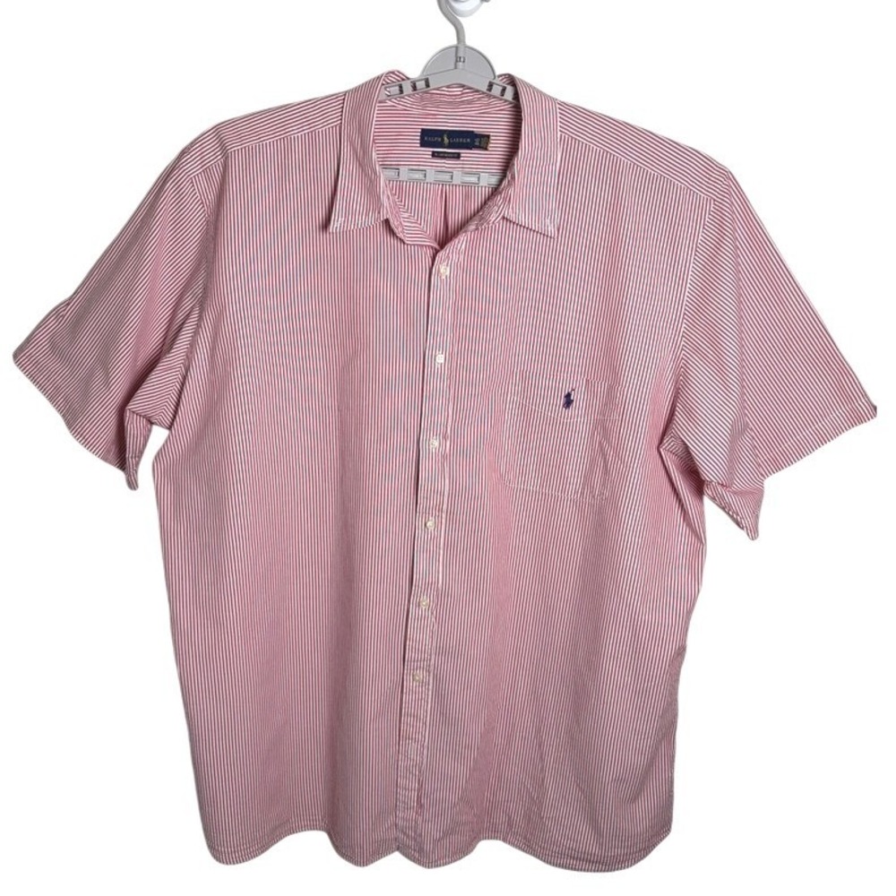 Ralph‎ Lauren Shirt Mens 4XLT Seersucker Red White Striped RL Untucked Fit